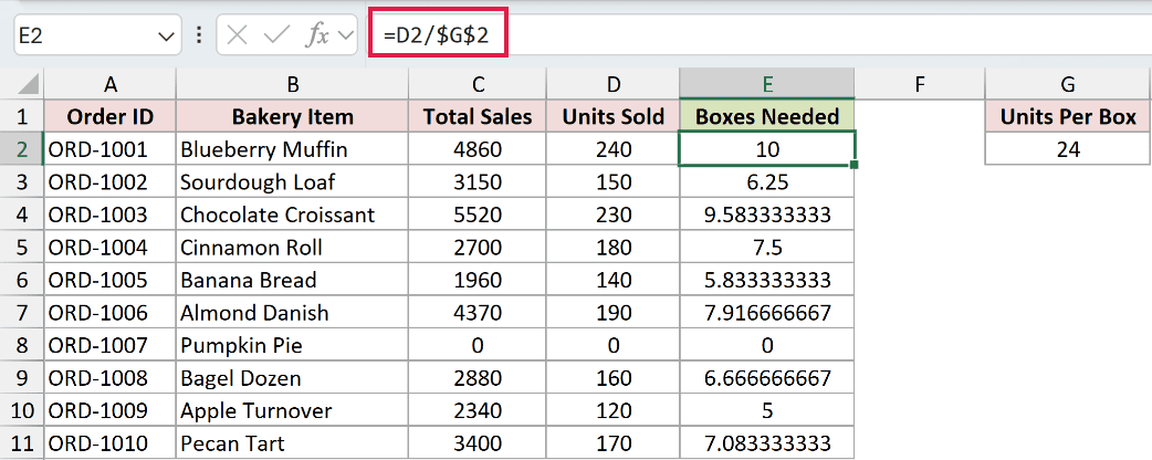 Formula dividing units sold by the box size using an absolute reference to G2