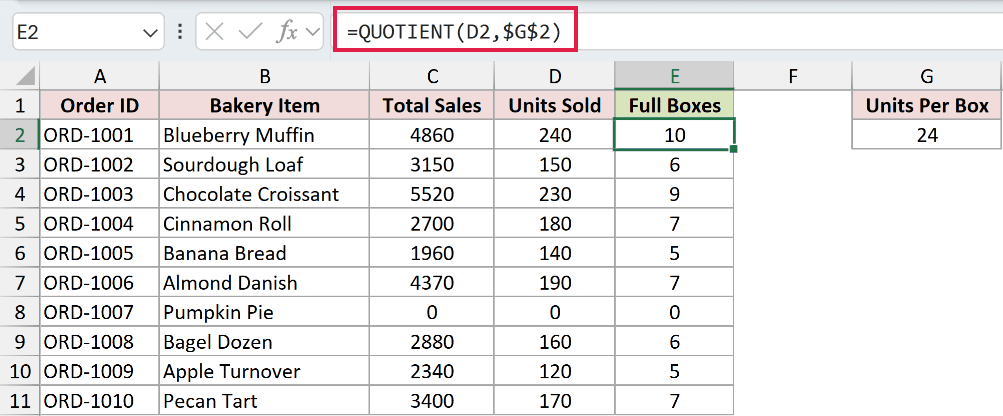 QUOTIENT formula returning only the whole number of full boxes for each order