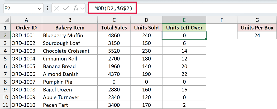 MOD formula returning the remainder of units after the full boxes are packed