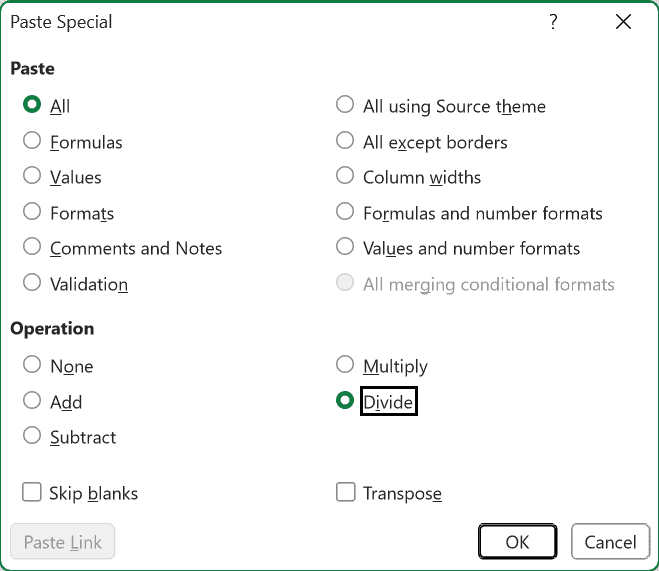 Paste Special dialog with Divide selected under Operation