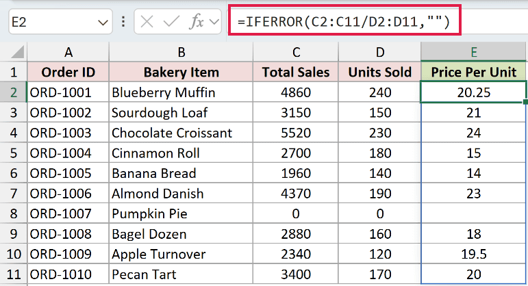 IFERROR wrapped around the division formula so the zero-unit row returns a blank instead of an error