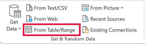The From Table/Range command on the Data tab that opens the Power Query Editor