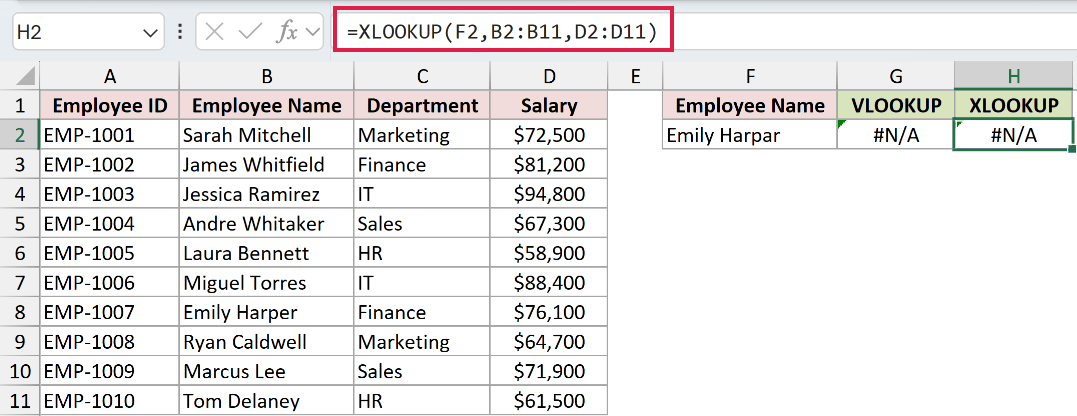 XLOOKUP formula using its exact-match default and returning a #N/A error for the misspelled name