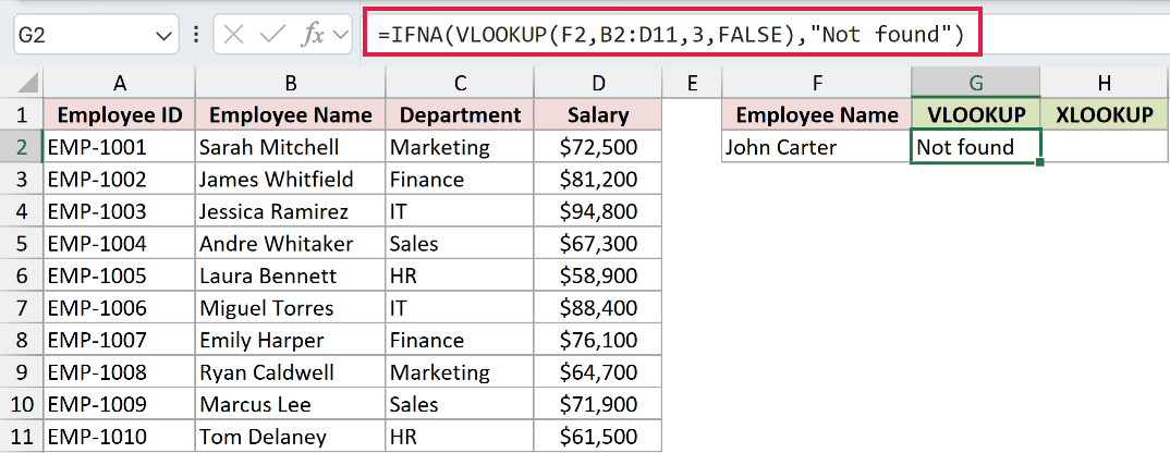 IFNA-wrapped VLOOKUP formula in the formula bar displaying Not found for a missing employee