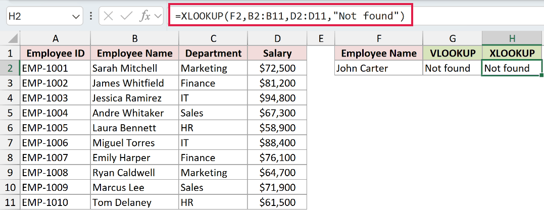 XLOOKUP formula using the built-in if-not-found argument to display Not found for a missing employee