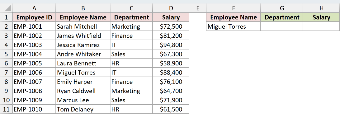 Employee table with Miguel Torres as the lookup name and empty Department and Salary result cells