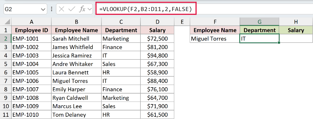 First VLOOKUP formula in the formula bar returning the department IT for Miguel Torres
