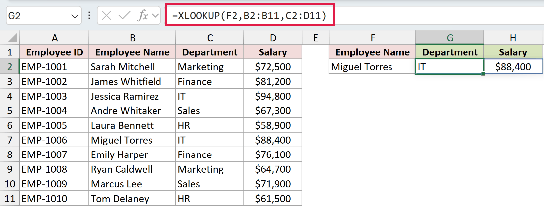 One XLOOKUP formula in the formula bar spilling the department IT and salary 88400 into adjacent cells