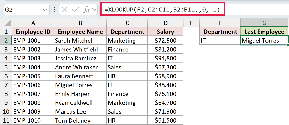 XLOOKUP formula with reverse search mode returning Miguel Torres as the last IT employee