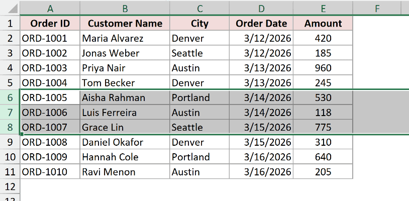 Rows 6 to 8 selected with the row headers, three whole rows for three new rows