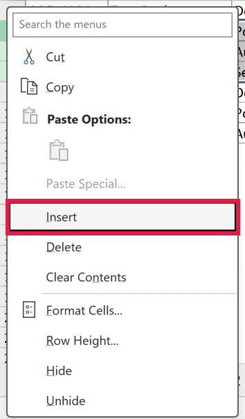 The right-click menu on the selected rows with the Insert command