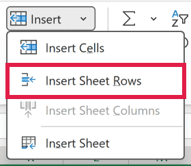 The Insert dropdown in the Cells group with the Insert Sheet Rows command