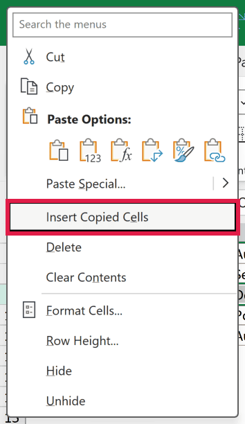 The right-click menu on row 9 with the Insert Copied Cells command that appears after a copy