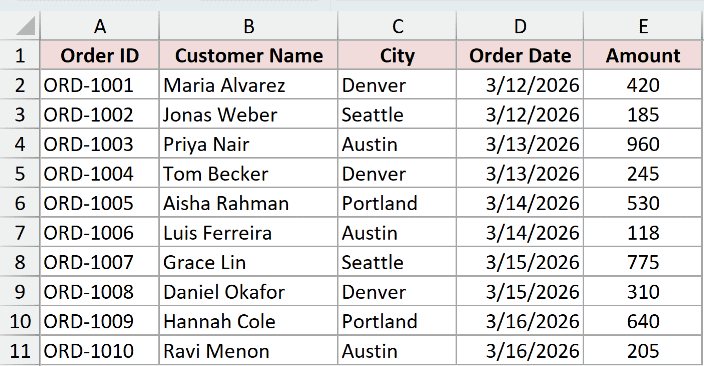 Order log where new rows will be dragged in with the fill handle