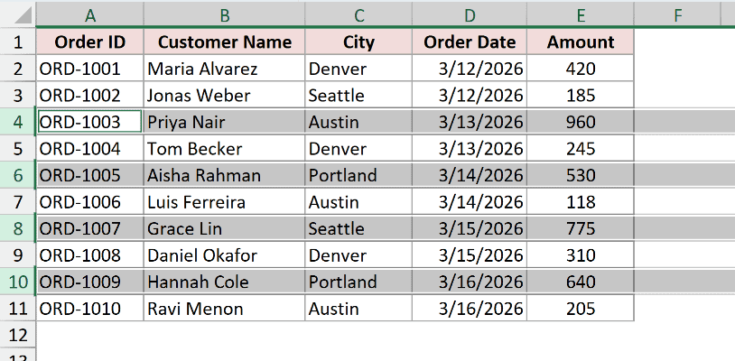 Rows 4, 6, 8 and 10 selected together by holding Ctrl while clicking the row headers