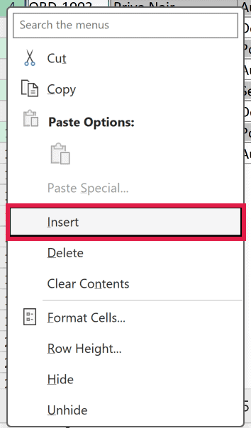 The right-click menu on the non-adjacent selection with the Insert command