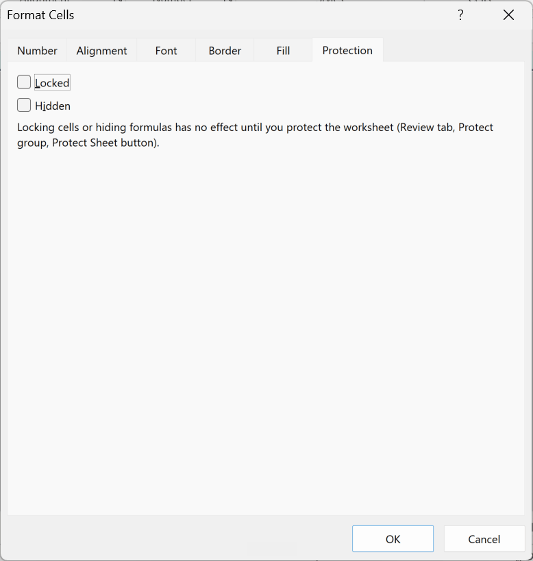 The Protection tab of Format Cells with Locked unchecked for every cell on the worksheet.