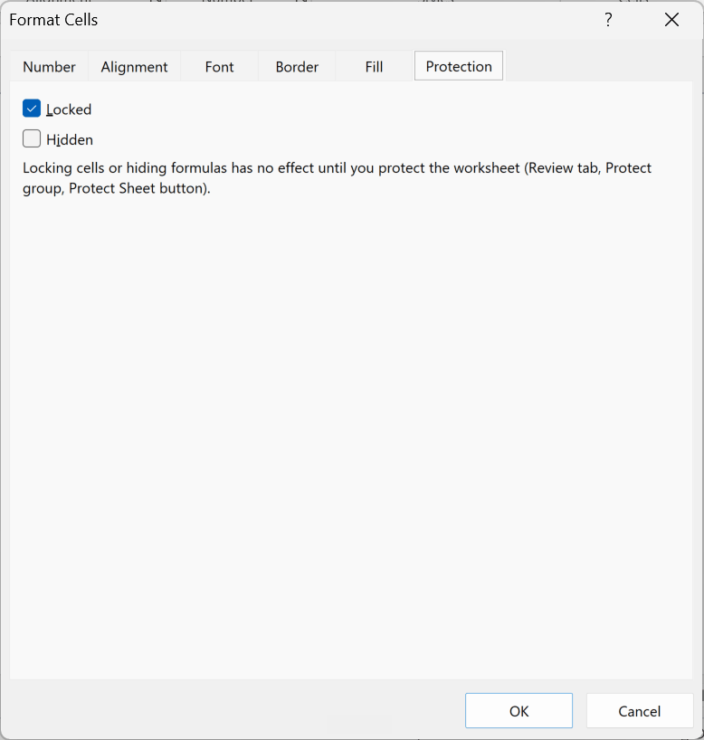 The Protection tab of Format Cells with Locked checked for the Price column.