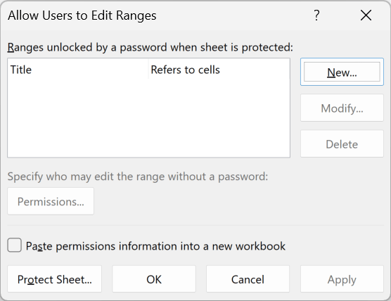 The empty Allow Users to Edit Ranges dialog opened from the Review tab.