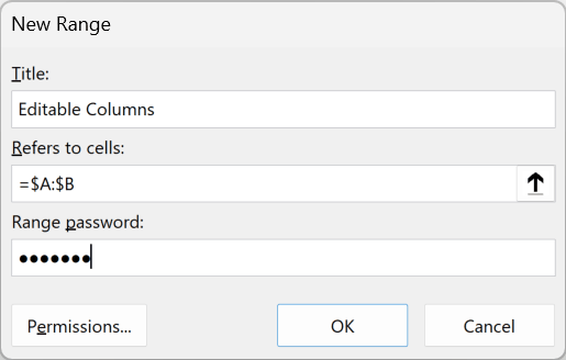The New Range dialog with the editable Item and Unit columns A:B defined and a range password entered.