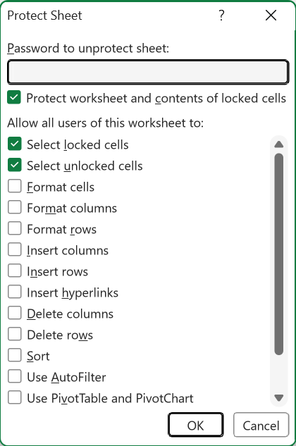 The Protect Sheet dialog used to turn on protection after the editable range is defined.