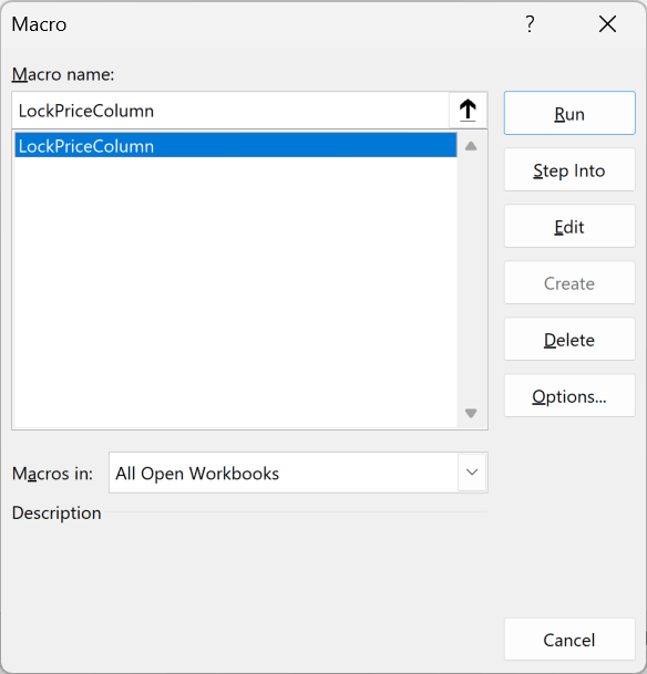 The Macro dialog with LockPriceColumn selected and ready to run.