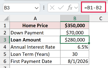Mortgage input block with the loan amount calculated from home price minus down payment
