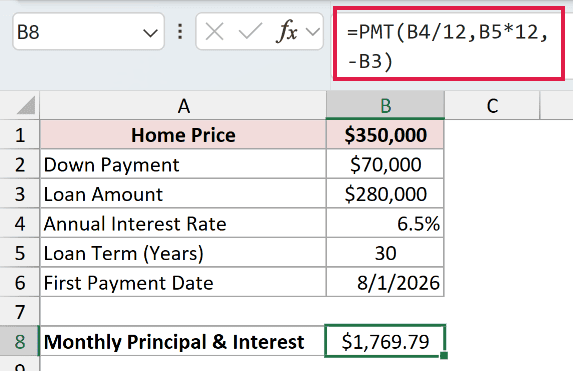PMT formula calculating a monthly principal and interest payment of $1,769.79
