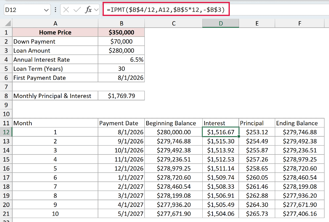 IPMT formula calculating the interest portion of the first mortgage payment
