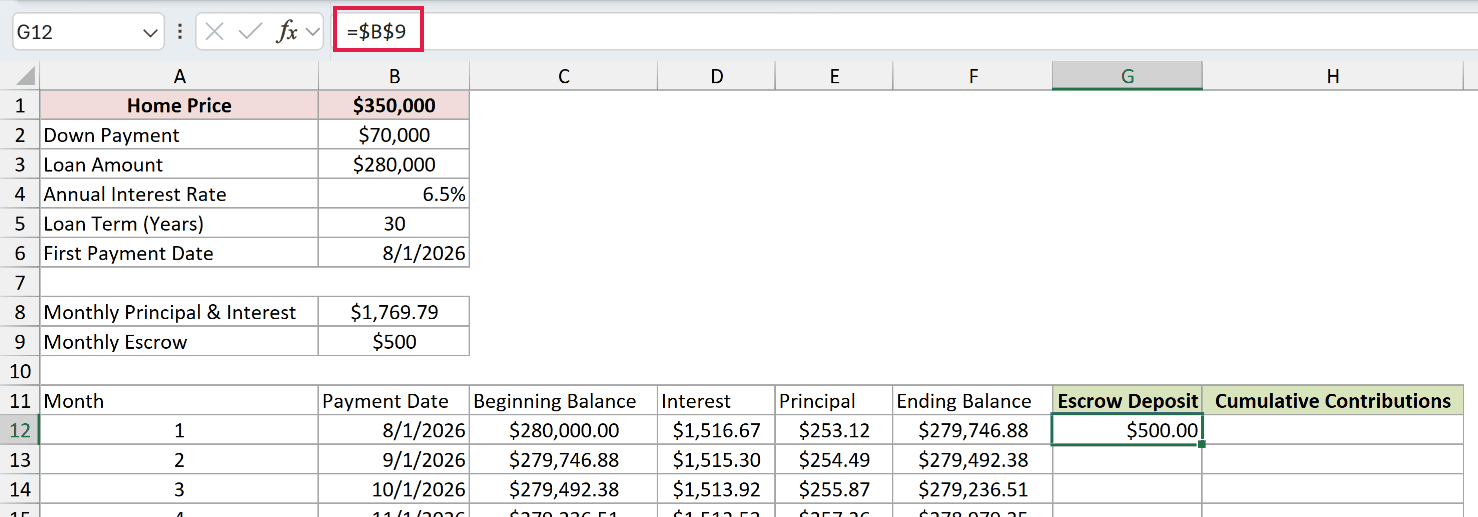 Escrow deposit formula referencing the fixed monthly escrow input