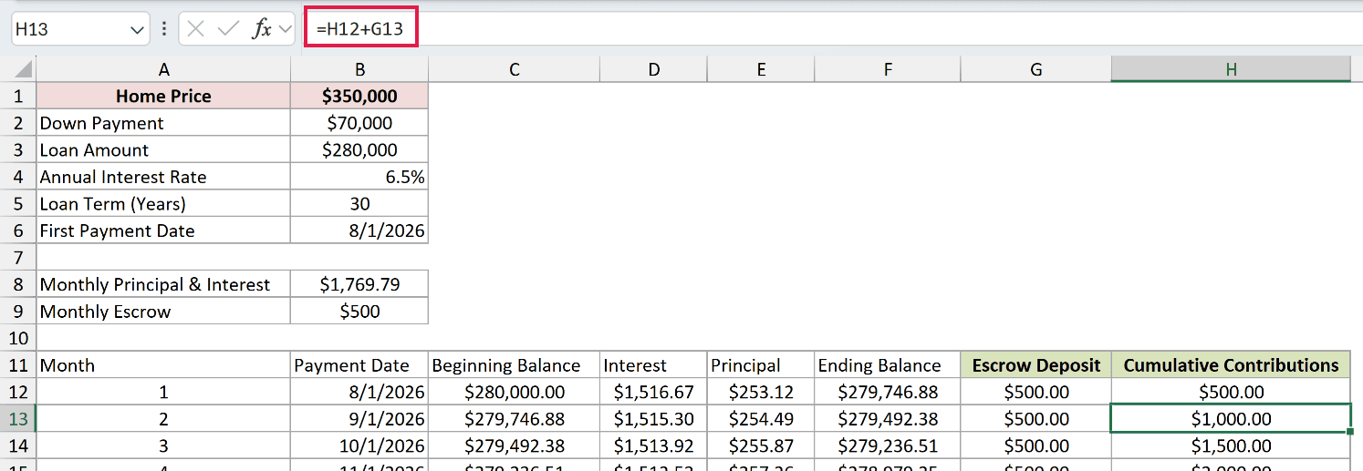 Running-total formula adding the current escrow deposit to prior cumulative contributions