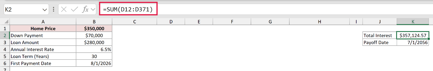SUM formula calculating total mortgage interest of $357,124.57