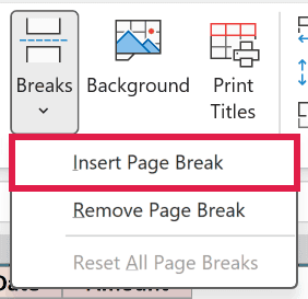 The Breaks dropdown on the Page Layout tab with the Insert Page Break command