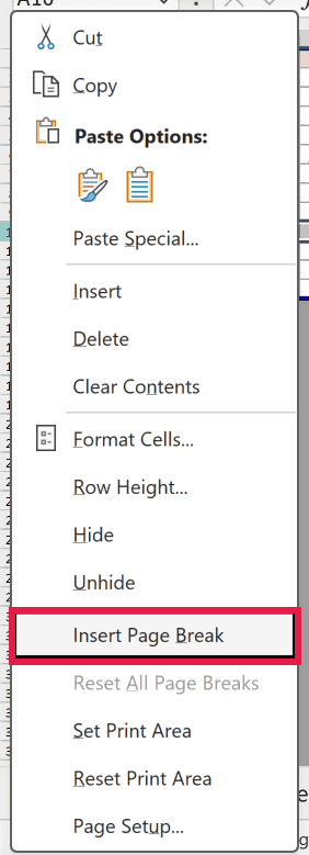 The right-click menu in Page Break Preview with the Insert Page Break command