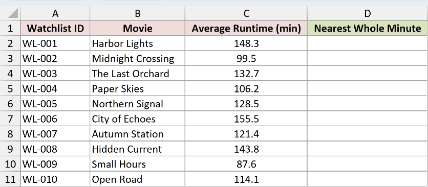 Movie watchlist with decimal runtimes and an empty nearest whole minute column