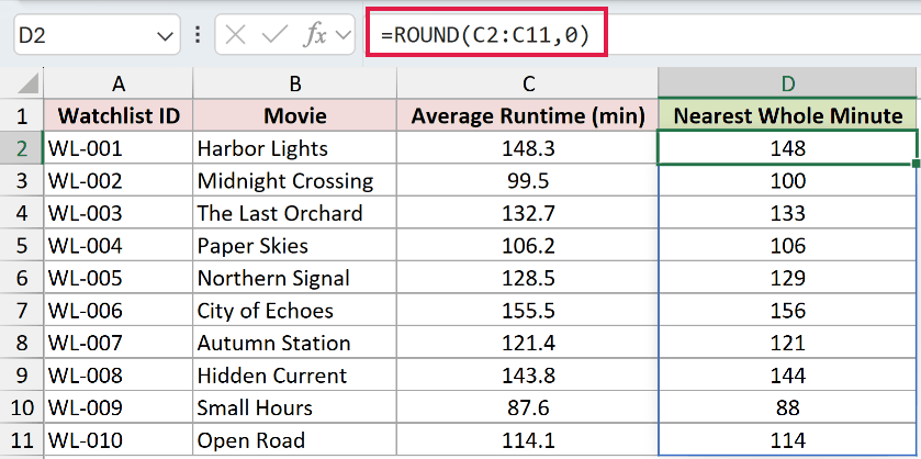 ROUND formula rounding the movie runtimes to the nearest whole minute