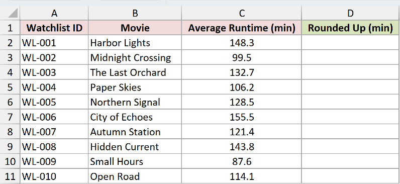 Movie watchlist with decimal runtimes and an empty rounded up column