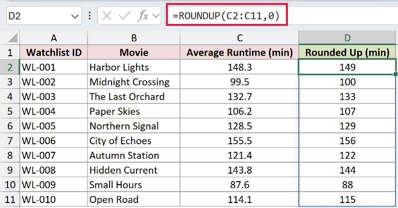 ROUNDUP formula rounding every movie runtime up to the next whole minute