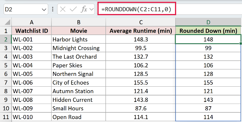 ROUNDDOWN formula rounding every movie runtime down toward zero