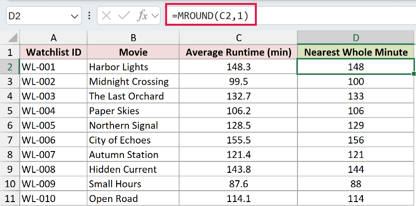 MROUND formula rounding a movie runtime to the nearest multiple of one