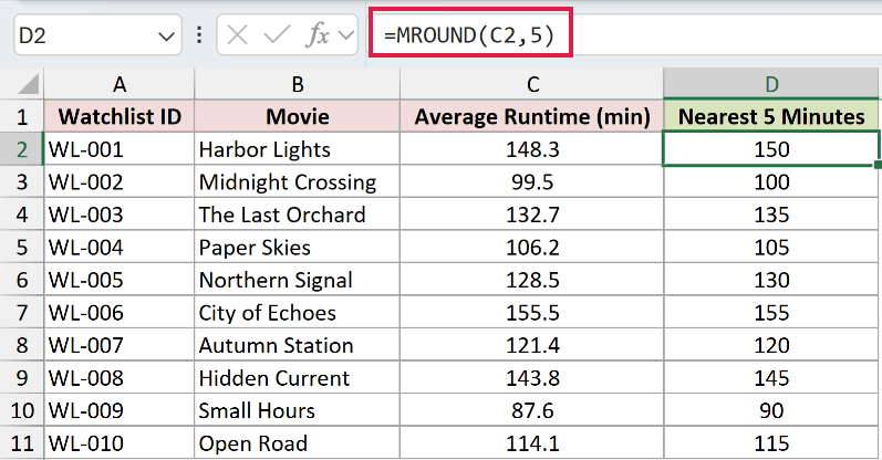MROUND formula rounding movie runtimes to the nearest five minutes