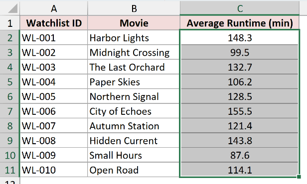 Decimal movie runtimes selected in cells C2 through C11