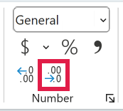 Decrease Decimal button highlighted in the Number group on the Home tab