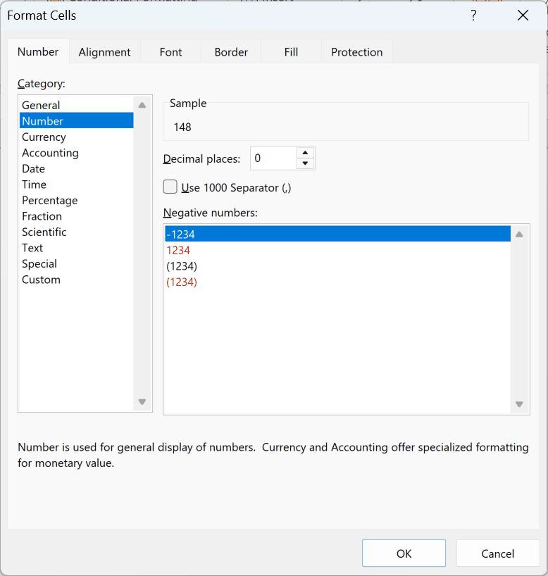 Format Cells dialog with the Number category and zero decimal places selected