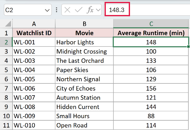 Formatted runtime displayed as 148 while the formula bar shows the stored value 148.3