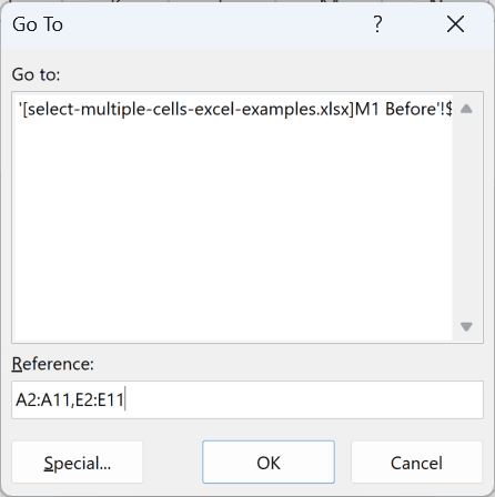 The Go To dialog with both ranges typed into the Reference box