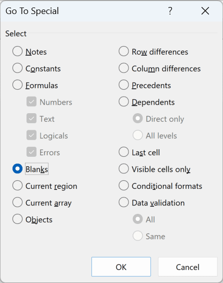 The Go To Special dialog with the Blanks option selected