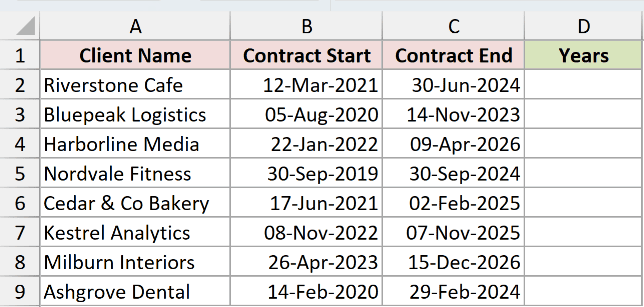 Contract dataset in Excel ready for the DATEDIF function to return completed years