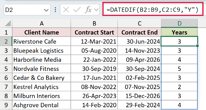 DATEDIF formula with the Y unit code returning completed years for each contract