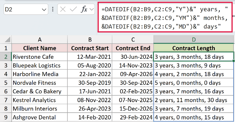DATEDIF formula combining the Y, YM and MD unit codes to show each contract length as years, months and days